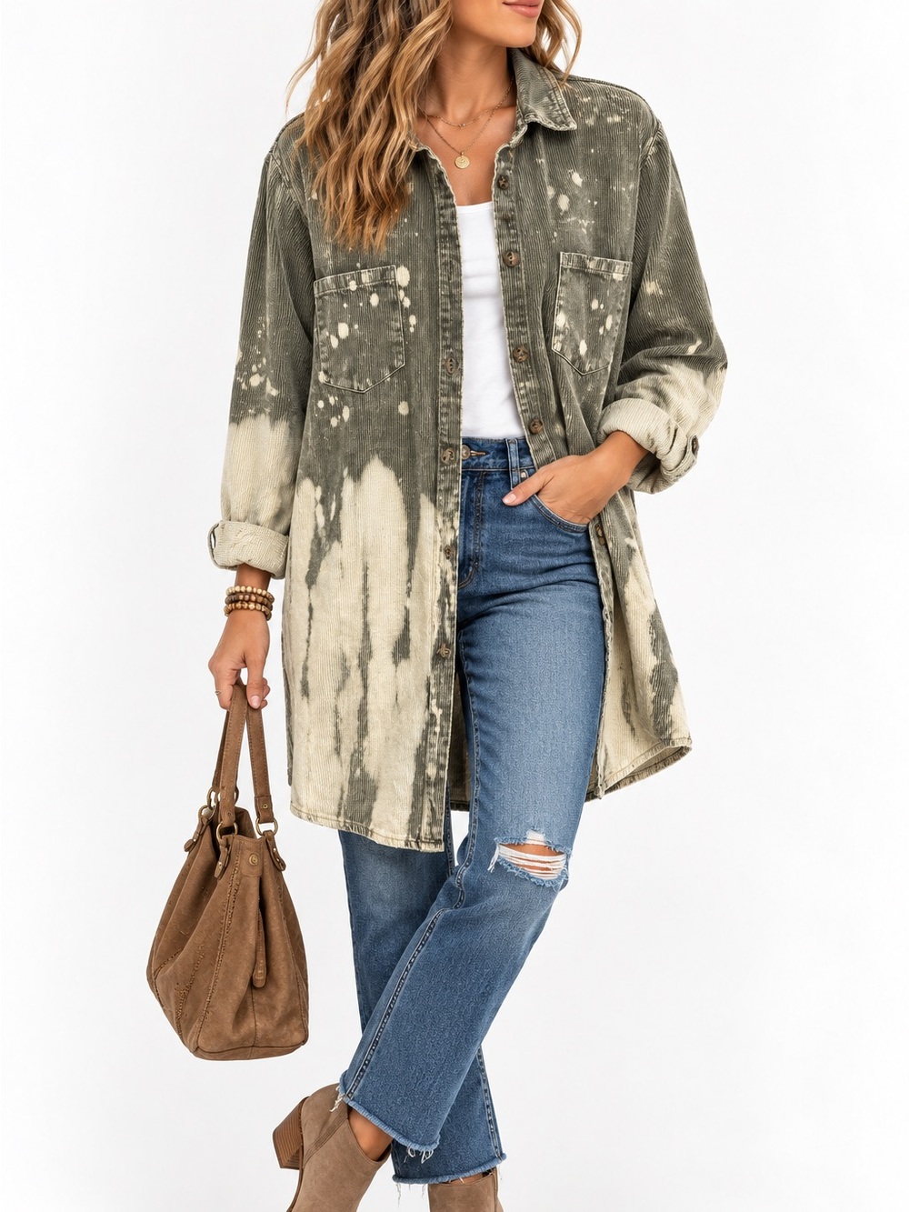 Peach Love California Distressed Corduroy Shirt Jacket Olive Green L
